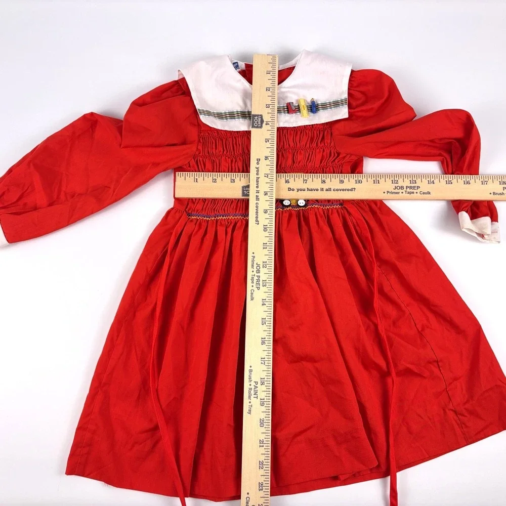 VTG Polly Flinders Embroidered Smocked Dress Sz 6 Red White School‎ Bus Charms
